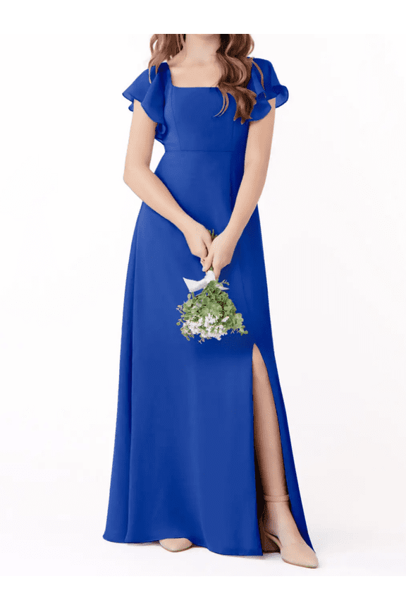 Junior Bridesmaid Dresses with Ruffle Short Sleeves High Slit Skirt Elegant Flower Girl Dress for Teens Wedding Party for Special Occasions