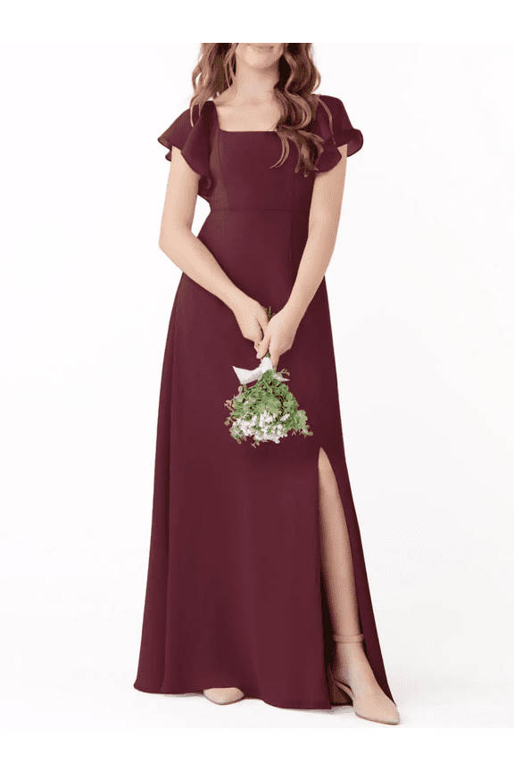 Junior Bridesmaid Dresses with Ruffle Short Sleeves High Slit Skirt Elegant Flower Girl Dress for Teens Wedding Party for Special Occasions