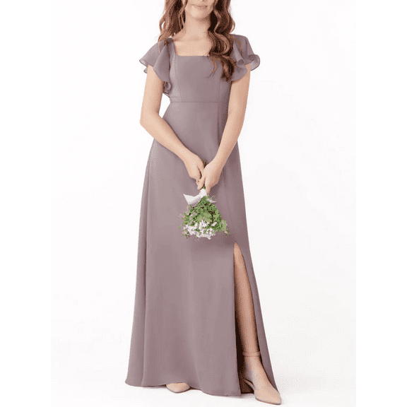 Junior Bridesmaid Dresses with Ruffle Short Sleeves High Slit Skirt Elegant Flower Girl Dress for Teens Wedding Party for Special Occasions
