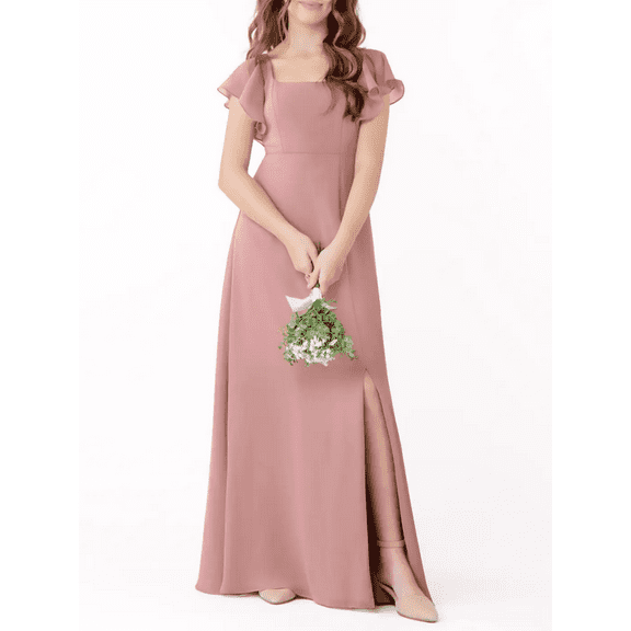 Junior Bridesmaid Dresses with Ruffle Short Sleeves High Slit Skirt Elegant Flower Girl Dress for Teens Wedding Party for Special Occasions