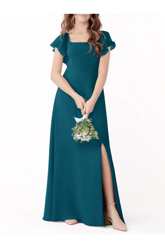 Junior Bridesmaid Dresses with Ruffle Short Sleeves High Slit Skirt Elegant Flower Girl Dress for Teens Wedding Party for Special Occasions