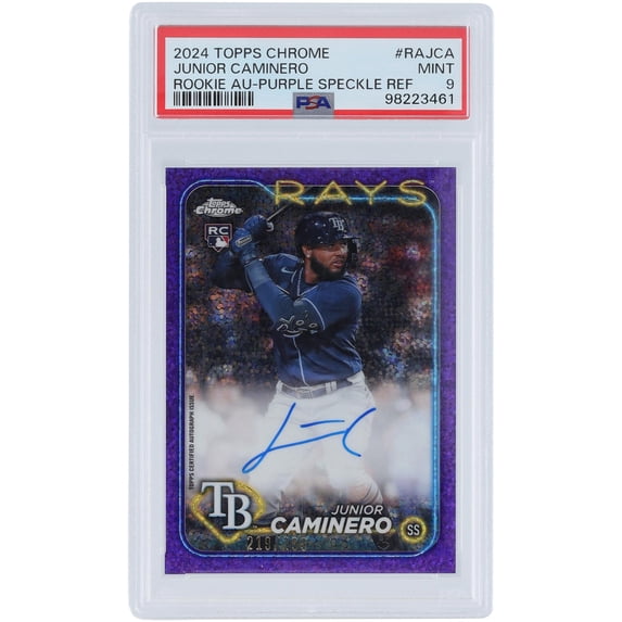 Junior Caminero Tampa Bay Rays Autographed 2024 Topps Chrome Purple Speckle Refractor #RA-JCA #219/299 PSA Authenticated 9 Rookie Card - Fanatics Authentic Certified