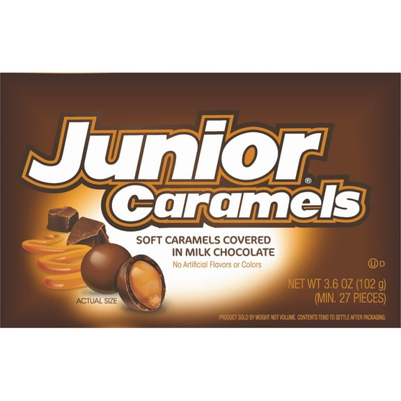 Junior Caramels, Chocolate Covered Caramel Candy, 3.6 oz. Peanut Free, Gluten Free. Contains Milk, Egg and Soy.