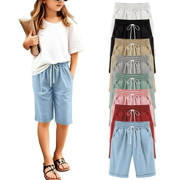 Junior Girls Khaki Shorts Girls Bermuda Shorts Knee Length Straight Leg Long Shorts Loose Casual Solid Drawstring Elastic Waist Short Pants Pink