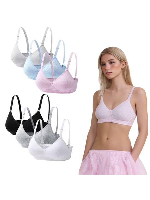 Junior Girls Light Cotton Everyday Bras,No Wires Cotton Developed Training Bras for Girls & Teens 13-18 (6 Pack)
