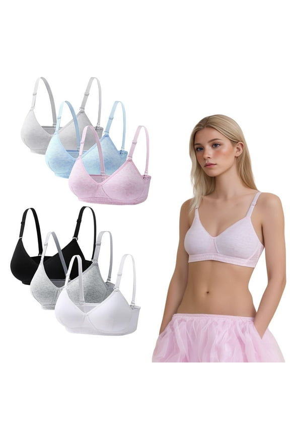 Junior Girls Light Cotton Everyday Bras,No Wires Cotton Developed Training Bras for Girls & Teens 12-18 (6 Pack)