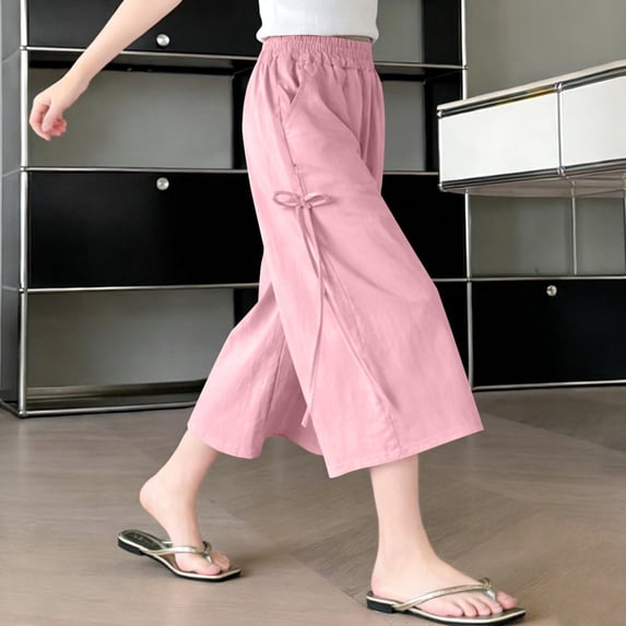 Junior High School Girls' Summer Casual Wide Leg Pants with Bow Detail