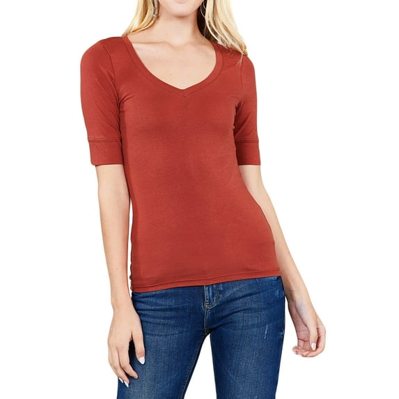 Junior & Junior Plus Basic Cotton V Neck Elbow Sleeve Tee Shirt Top