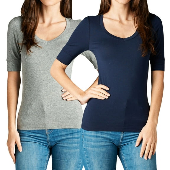 Junior & Junior Plus Basic Cotton V Neck Elbow Sleeve Tee Shirt Top