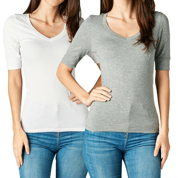 Junior & Junior Plus Basic Cotton V Neck Elbow Sleeve Tee Shirt Top