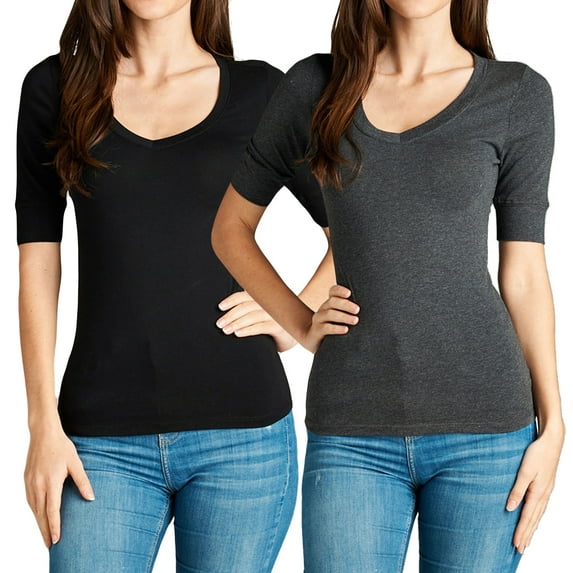 Junior & Junior Plus Basic Cotton V Neck Elbow Sleeve Tee Shirt Top