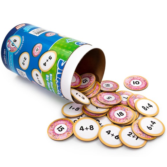 Junior Learning: Addition Snacks - Hand-On Math Practice Game, Problems On One Side - Solution On The Other, Donuts Theme Double-Sided Cards, Kids 5+