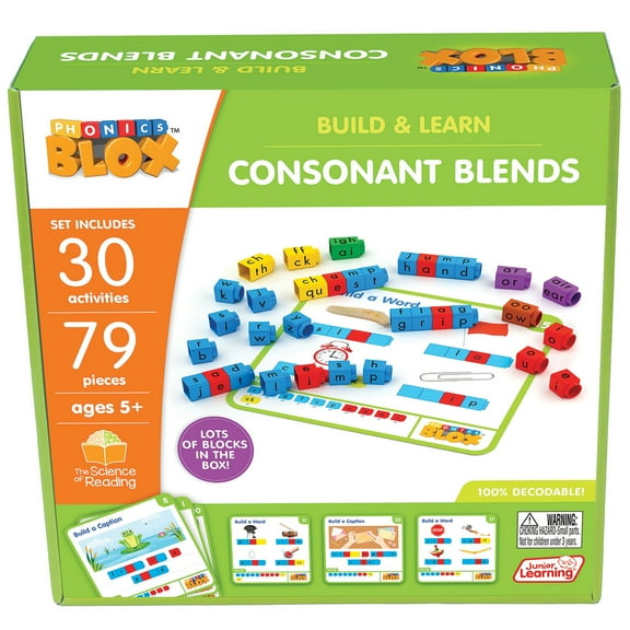 Junior Learning: Rainbow Phonics Blox: Consonant Blends - Phase 4 - Build & Learn, 30 Activity Cards, Color Coded Blocks, Reading Development, Kids 5+