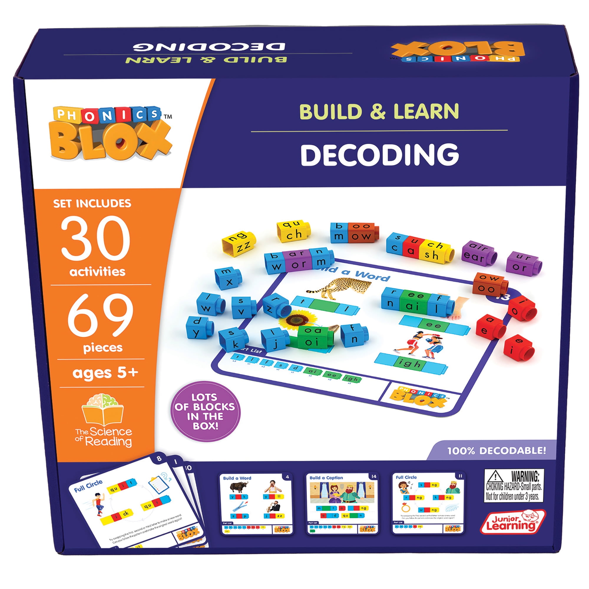Junior Learning: Rainbow Phonics Blox: Decoding - Phase 3 - Build & Learn, 30 Activity Cards, Color Coded Blocks, Reading Development, Kids Ages 5+