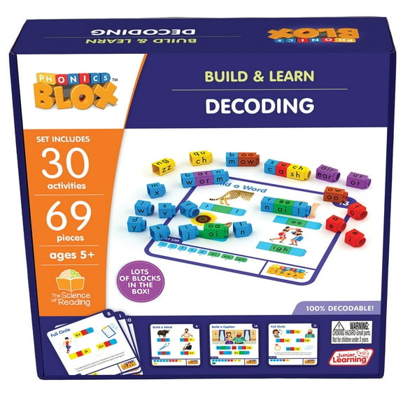 Junior Learning: Rainbow Phonics Blox: Decoding - Phase 3 - Build & Learn, 30 Activity Cards, Color Coded Blocks, Reading Development, Kids Ages 5+