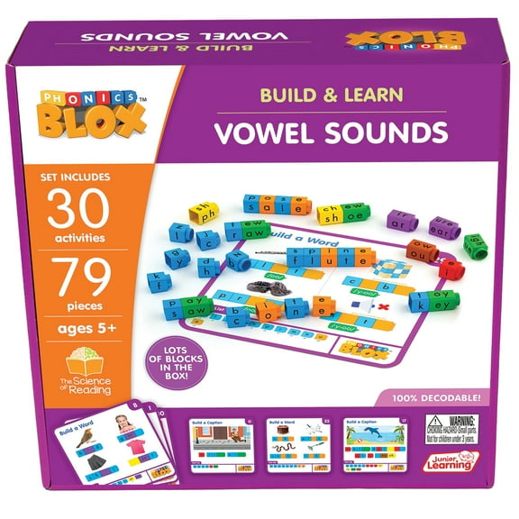 Junior Learning: Rainbow Phonics Blox: Vowel Sounds - Phase 5 - Build & Learn, 30 Activity Cards, Color Coded Blocks, Reading Development, Kids 5+