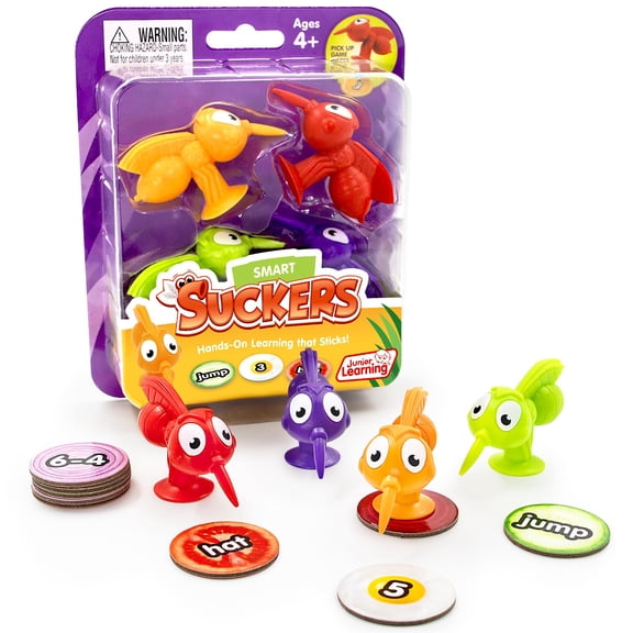 Junior Learning: Smart Suckers - Hands-On Early Math & Literacy Practice Game, 4 Suction-Cup Mosquito Toys Grab Tiles, Fine Motor Skills Play, Kids 4+