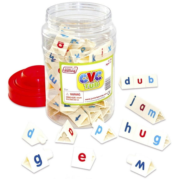 Junior Learning CVC Tri-Blocks Tub, 90 Blocks, Ages 4-5, Phonemic Awareness, Pre K-1
