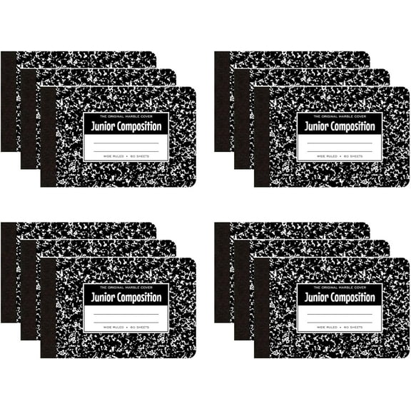 Junior Marble Composition Books, 12-Pack, Specially Sized 4.875"x7.5" for Smaller Users, 60 Sheets 15# White Wide Ruled Paper, Hard Board Covers, Black Marble (77125)