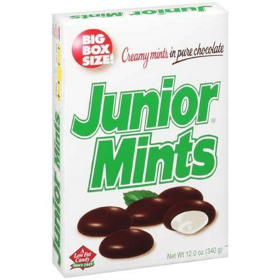 Junior Mints, Chocolate Covered Mint Candy, 12.0 oz. Box. Peanut Free, Gluten Free. Egg and Milk May Be Present.