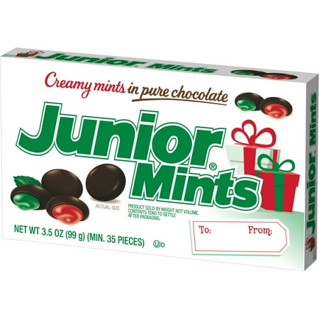 Junior Mints, Dark Chocolate Covered Red & Green Holiday Mints Box, 3.5 oz. Peanut Free, Gluten Free. Egg and Milk May Be Present.
