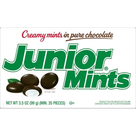 Junior Mints, Dark Chocolate, Mint Candy 3.5 oz. Peanut Free, Gluten Free. Contains Soy. Egg and Milk may be present.