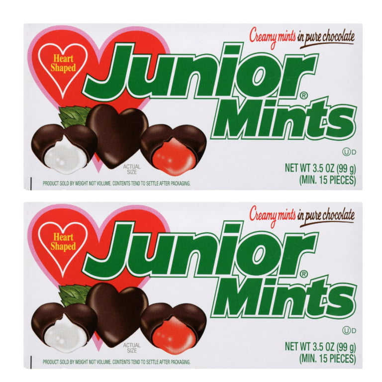 Junior Mints Heart-Shaped Chocolate Mint Candies, 3.5-oz. with Creamy Red &  White Minty Fillings for Snacks Valentine's Valentines Day Wedding Easter  Basket Birthday Party Favor & Gifts Pack of 2 