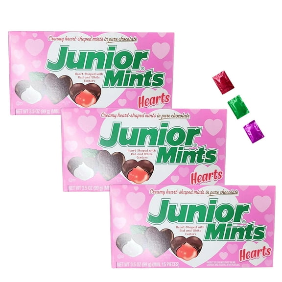 Junior Mints Hearts Valentines Candy, Heart-Shaped Mint Chocolate Treats Gifts Party Favors Stocking Stuffers Classroom Exchange 3.5 Oz Theater Box Pack of 3 w/ Snoep in Beperkte Oplage