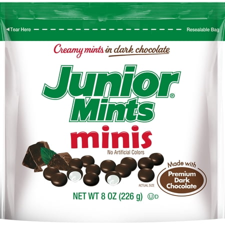 Junior Mint, Mini's Candy, 8 oz. Bag. Peanut Free, Gluten Free. Contains Soy. Egg and Milk May Be Present.