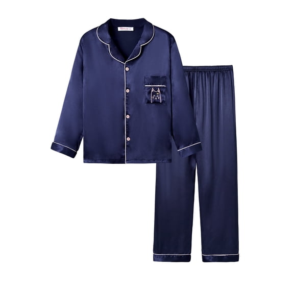 Junior Pajamas for Teen Girl - Satin Silk Button Up Cute Pyjama PJS Size 16 Navy