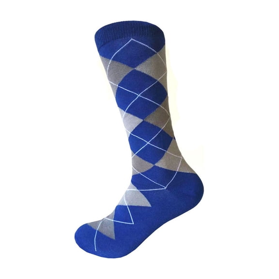 Junior Ring Bearer Boy's Argyle Plaid Scottish Tartan Socks In Royal Blue with Heather Gray and Gray Color
