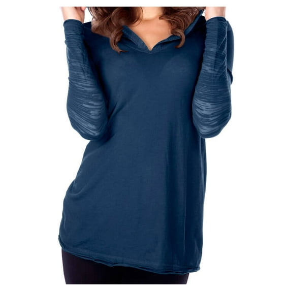 Kavio! Junior Sheer Jersey Two-Fer Contrast Burnout Long Sleeve Hoodie Indigo XL