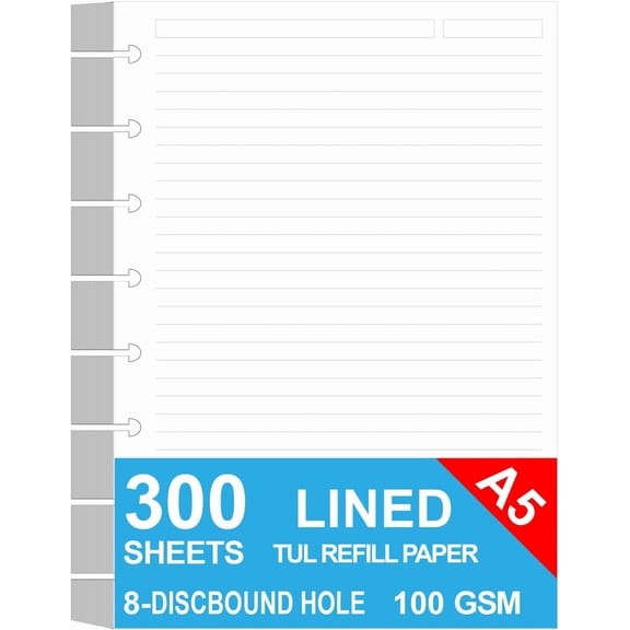 Junior Size Discbound Refill Paper - 8 Discs Discbound Paper, Lined Arc Paper Refill, 100gsm, Disc Paper Refill White Paper, 300 Sheets/600 Pages, 5.8 X 8.25 in
