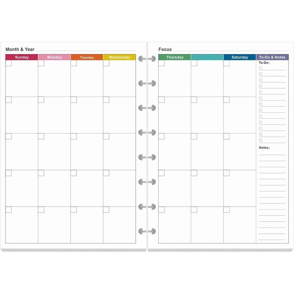 Junior Size Monthly Planner Refills - 53 Sheets/106 Pages Undated Colorful Monthly Planner, 8-Disc Discbound, 100 gsm White Paper, Lasts 2 Year, Undated, 5.8" x 8.3"