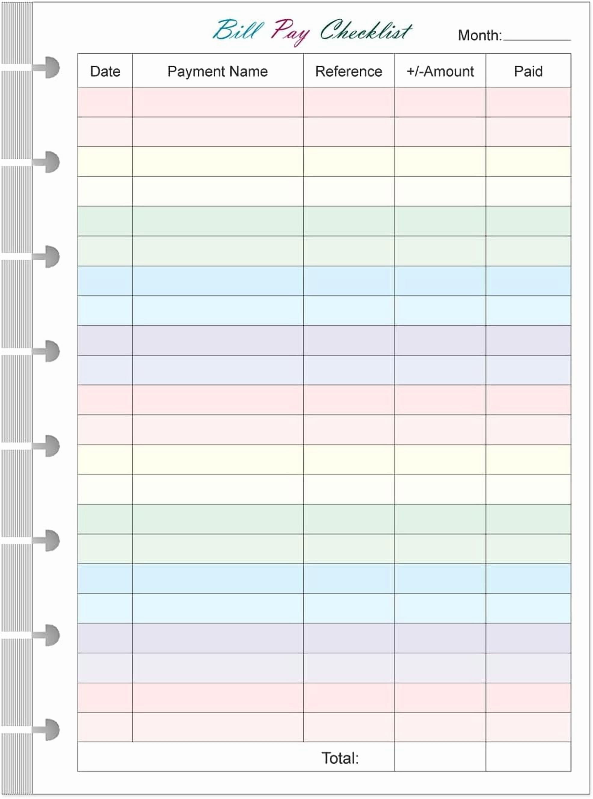 Junior Size Payment Checklist Refills - 50 Sheets/100 Pages Colorful ...