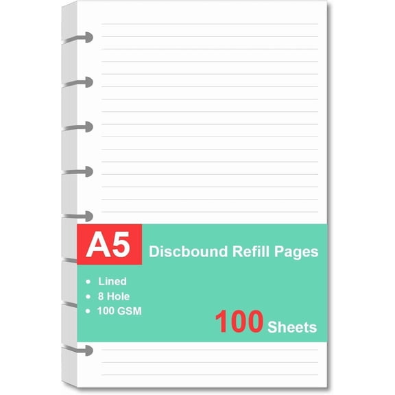 Junior Size Refills Paper, A5 Loose Leaf Paper for TUL Custom Note-Taking System Discbound Notebook Planner Inserts, White, Total 100 Sheets/200 Pages, College Ruled, 5.5 X 8.5 Inch