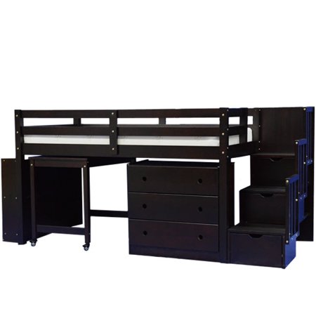 Junior Stairway Mid Loft Bed with Desk, Chest and Bookcase Espresso