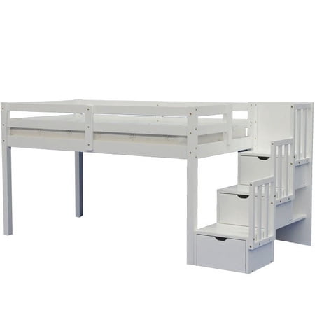 Junior Stairway Mid Loft Bed with Desk, Chest and Bookcase White
