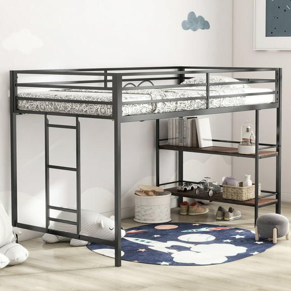 Junior Twin Loft Bed - Metal & Wood, Shelf, Noise, , Safe, No Box Spring Required For Bedroom Bunk With Shelf Easy Assembly For