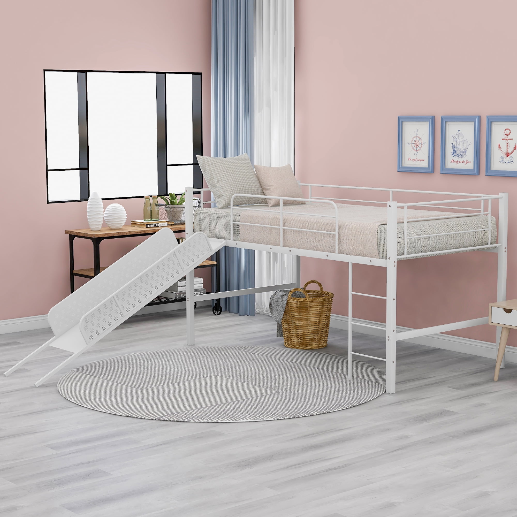 Junior Twin Metal Loft Bed with Slide, Kids Metal Loft Bed with Safety