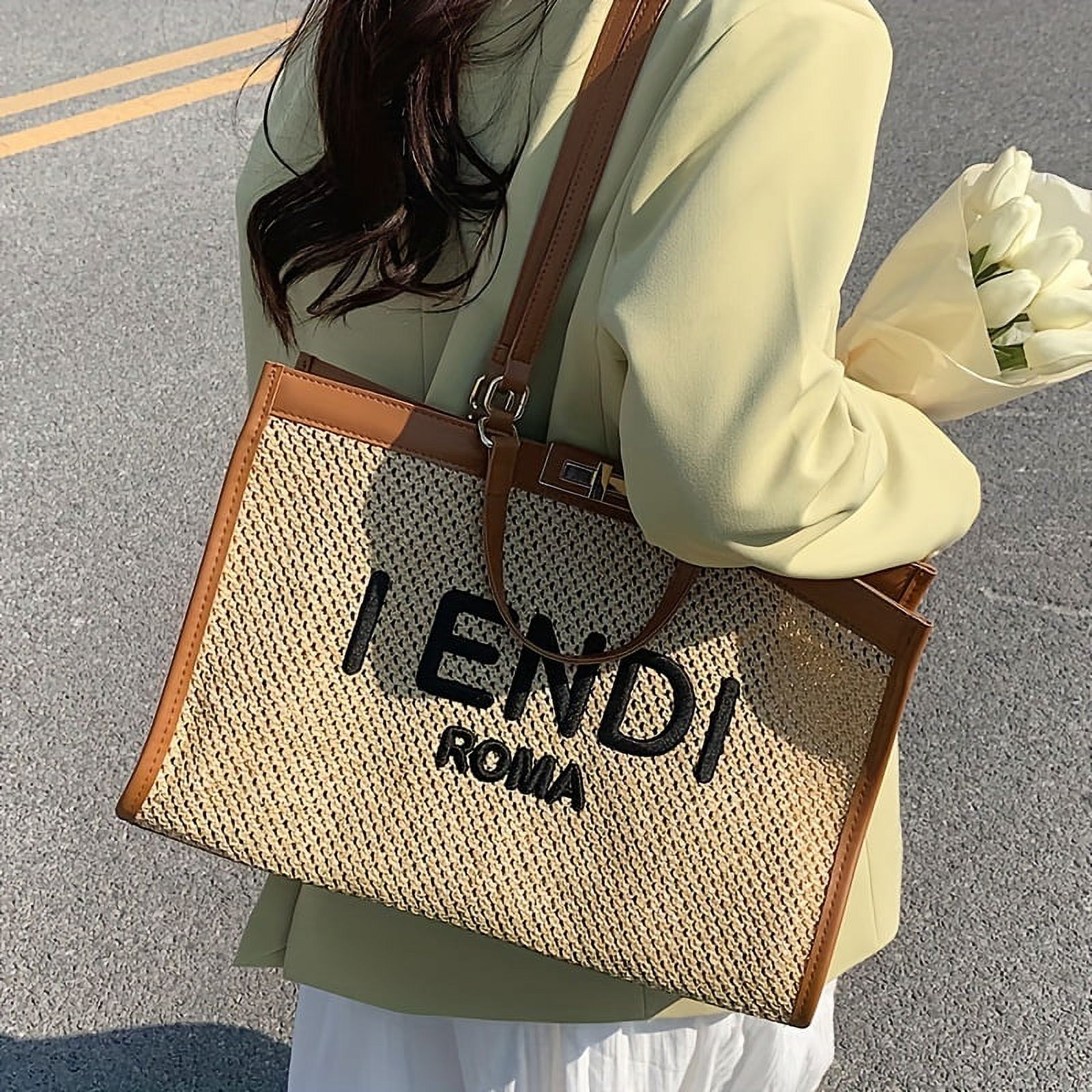 Junior Women's Trendy Tote Bag, Straw Letter Print Shoulder Bag, All