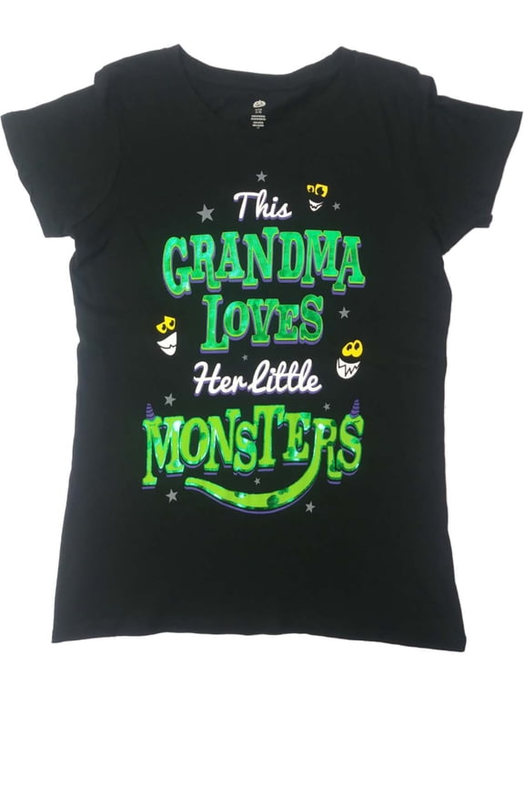 Junior Womens Black Grandma Loves Little Monsters Halloween Tee Shirt Small