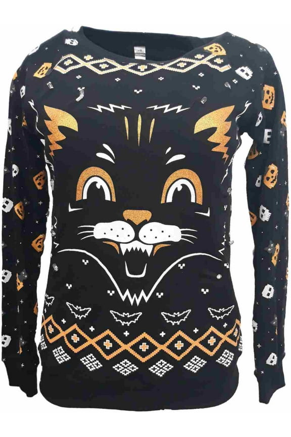 Junior Womens Black Halloween Sweatshirt Kitty Cat Light Up Sweat Shirt XS