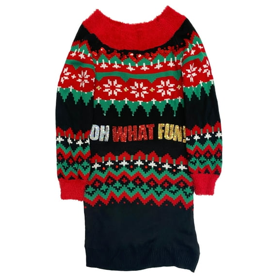 Junior Womens Black & Red What Fun Sequin Christmas Holiday Sweater Dress Small