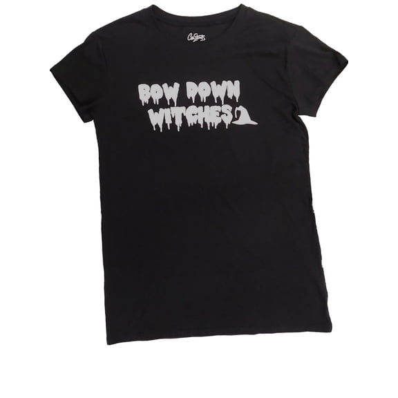Junior Womens Black White Bow Down Witches Halloween Holiday T-Shirt