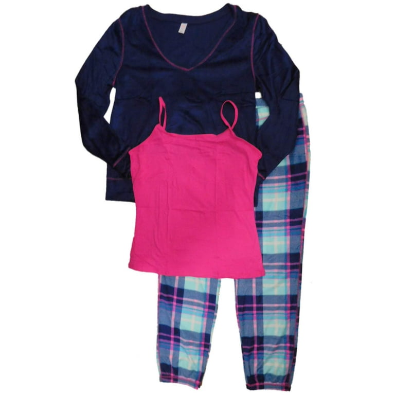 Junior Womens Blue Plaid 3 Piece Fleece Pajamas Sleep Set with