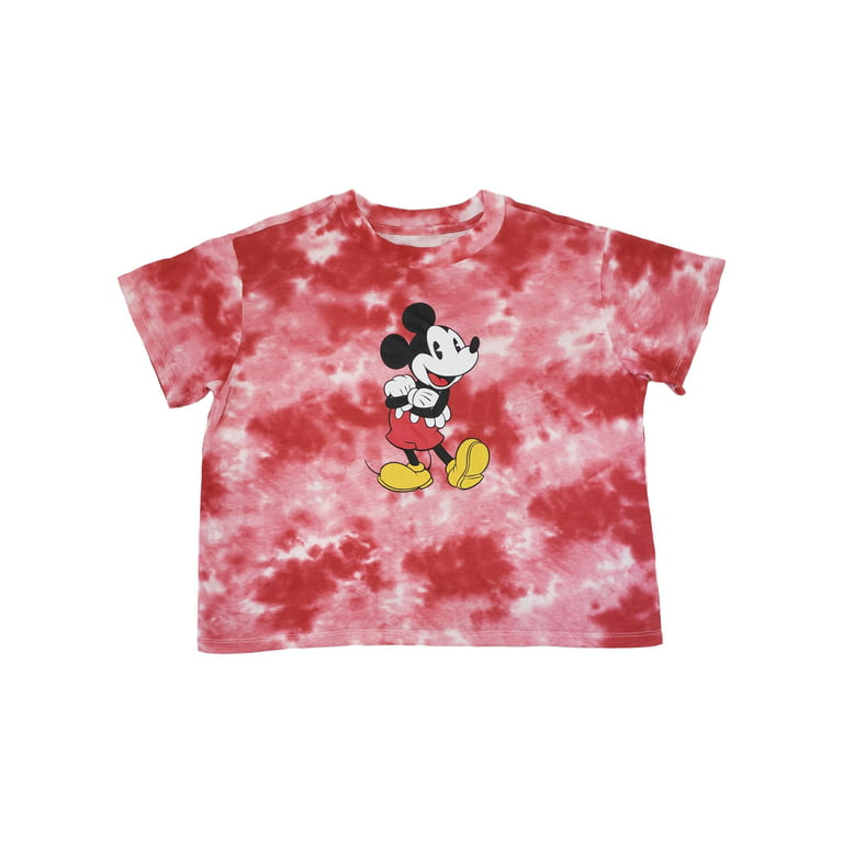 Junior Womens Disney Mickey Mouse Red Tie Dye Crop T-Shirt Tee