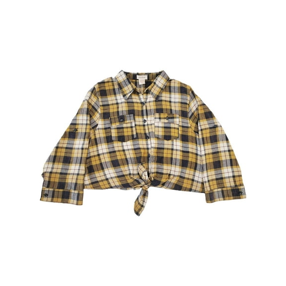Junior Womens Golden Yellow Plaid Long Sleeve Cotton Flannel Tie Front Top XXL