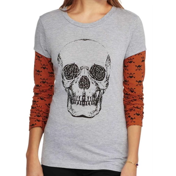 Junior Womens Gray & Orange Long Sleeve Skull Theme Halloween Tee Shirt Small