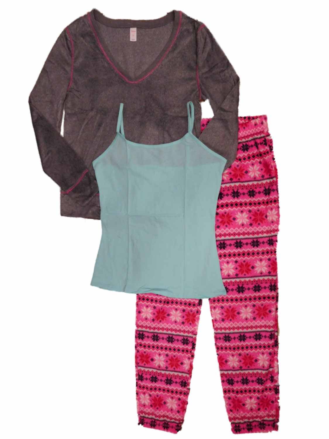 Junior Womens Gray & Pink Snowflake 3 Piece Fleece Pajamas Sleep Set with  Camisole Large 